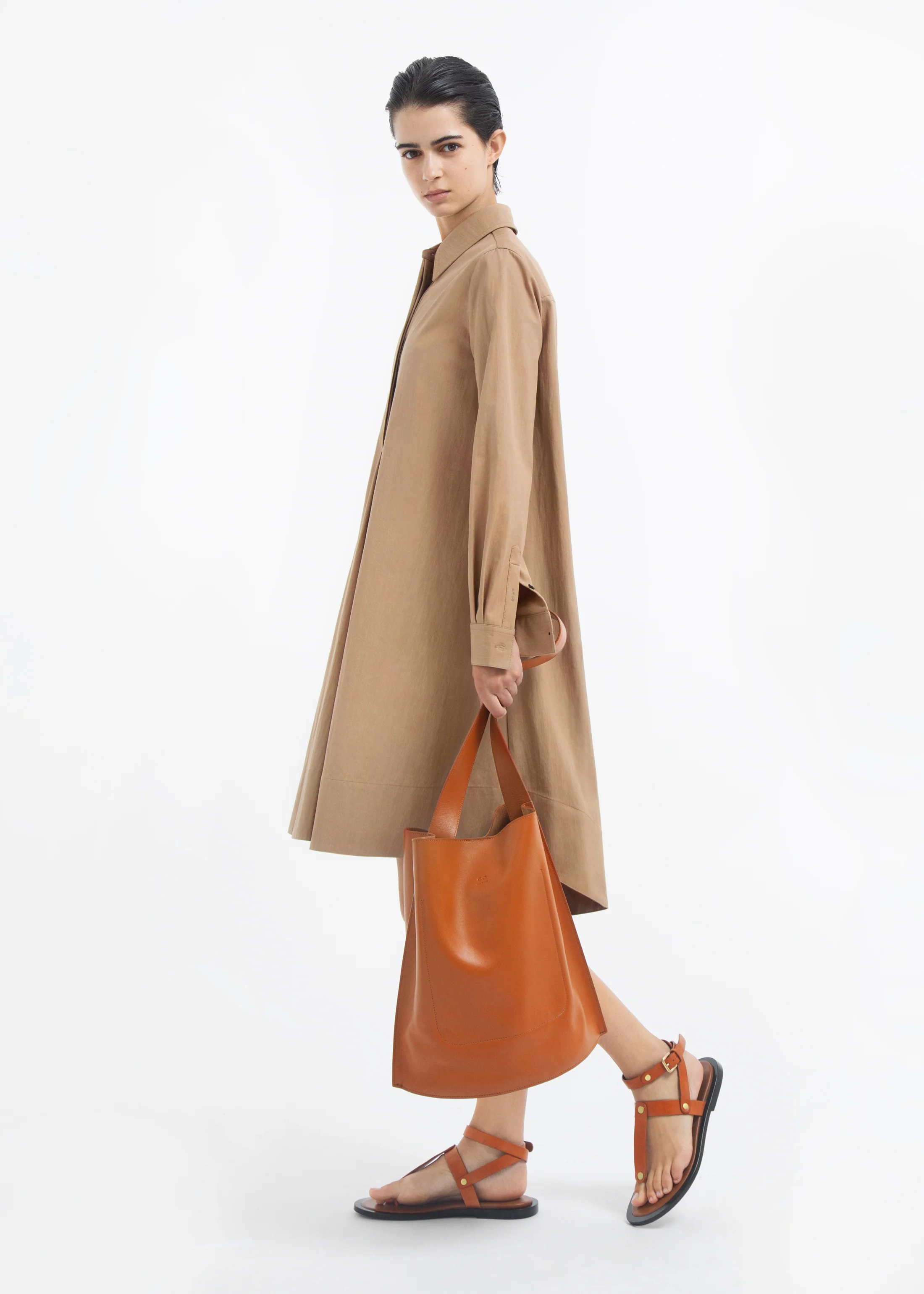 A-line Shirt Dress in Cotton Twill - Camel - Image 3