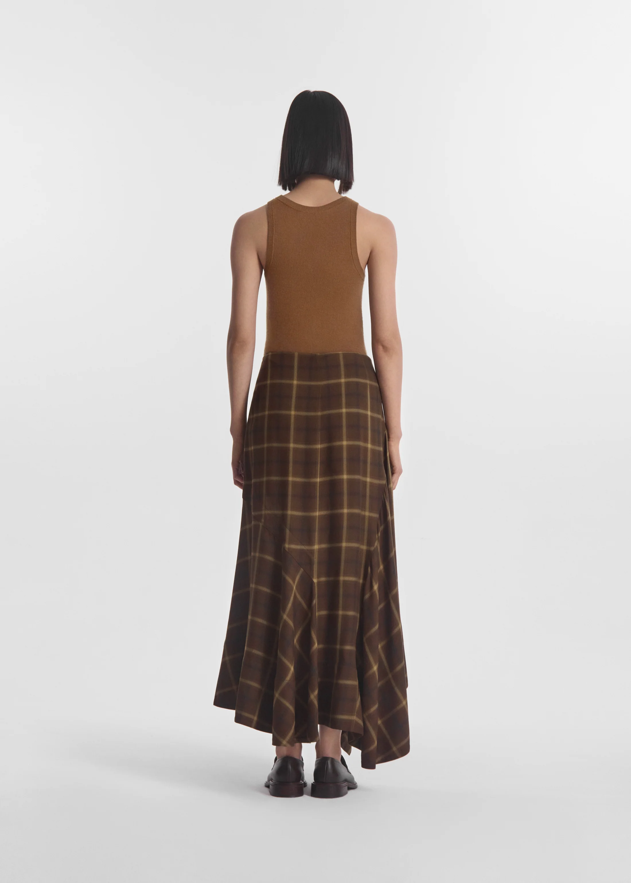Asymmetric Full Skirt in Check Plaid - Chocolate - Image 4