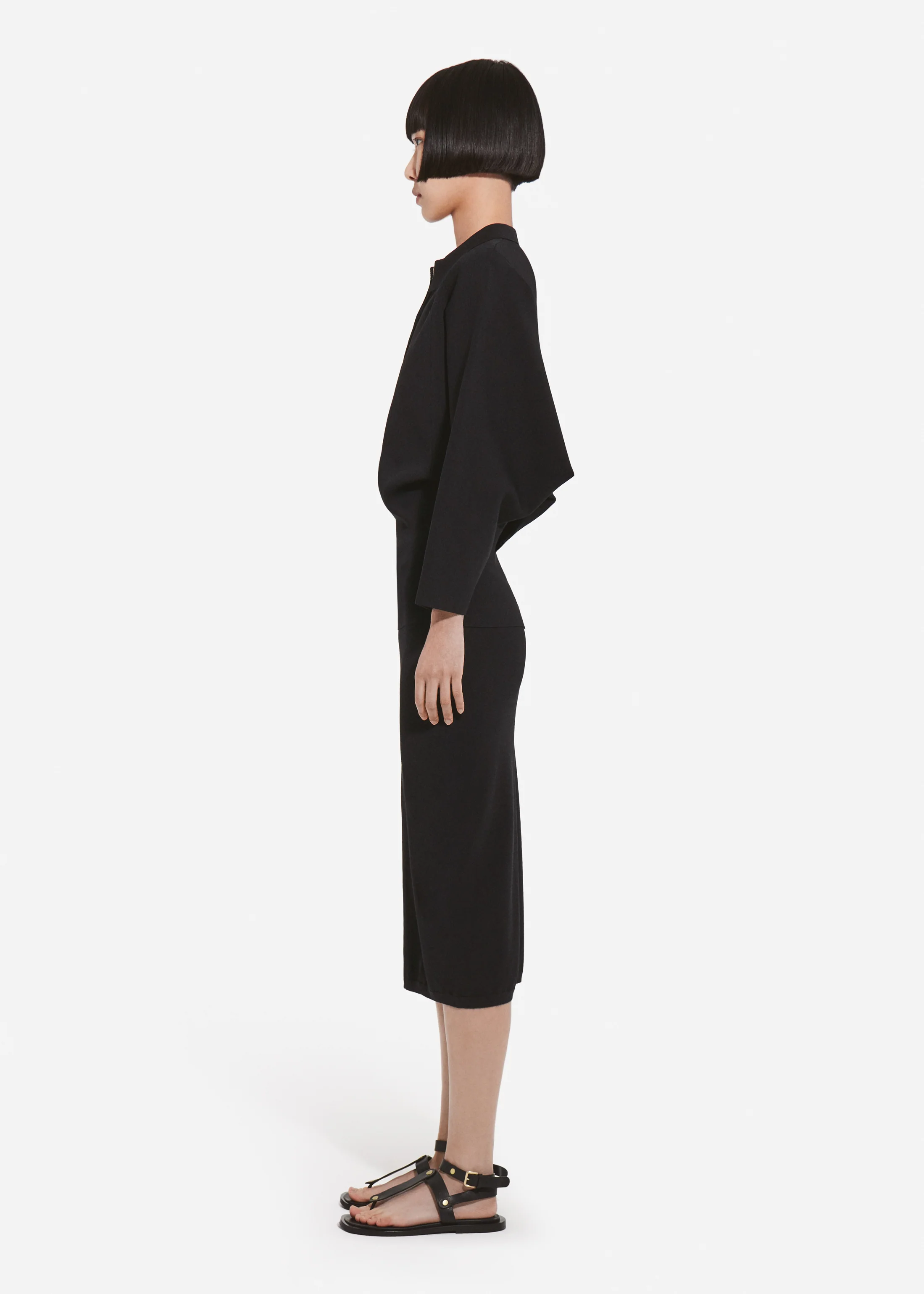 Collared Zipper Polo Top in Stretch Knit - Black - Image 3