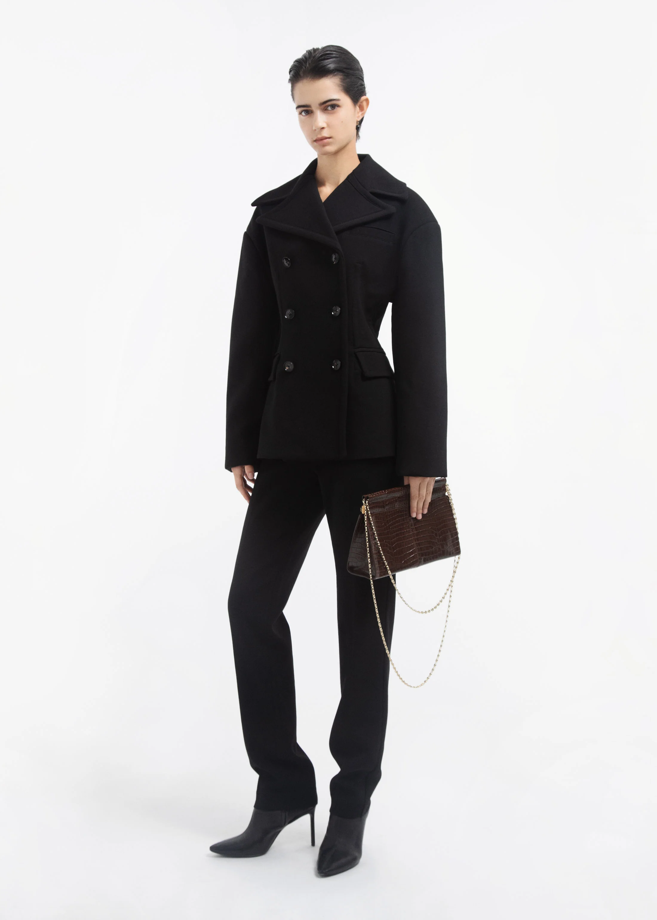 Oversized Double Breasted Peplum Jacket in Wool - Black - Image 2