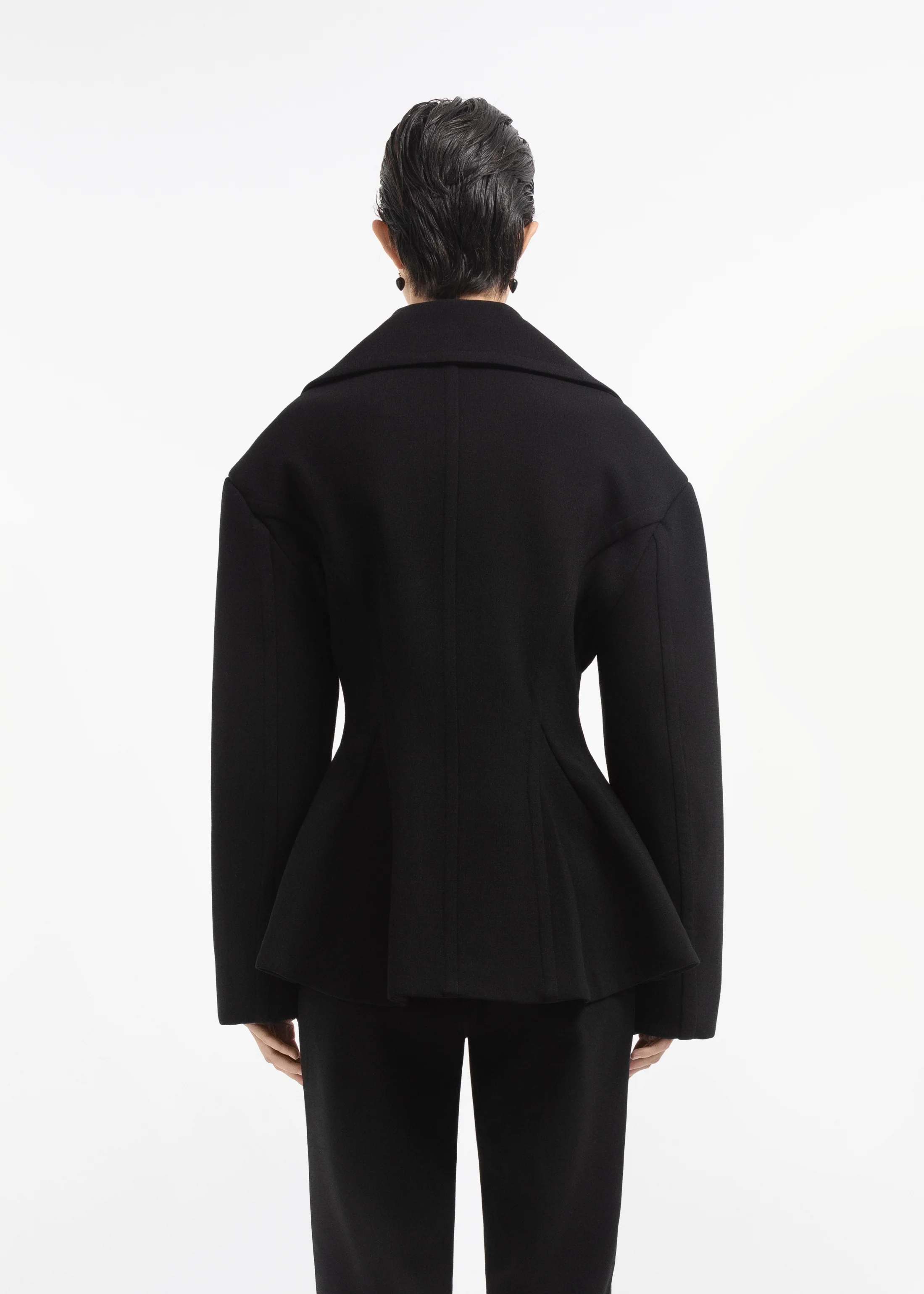 Oversized Double Breasted Peplum Jacket in Wool - Black - Image 4