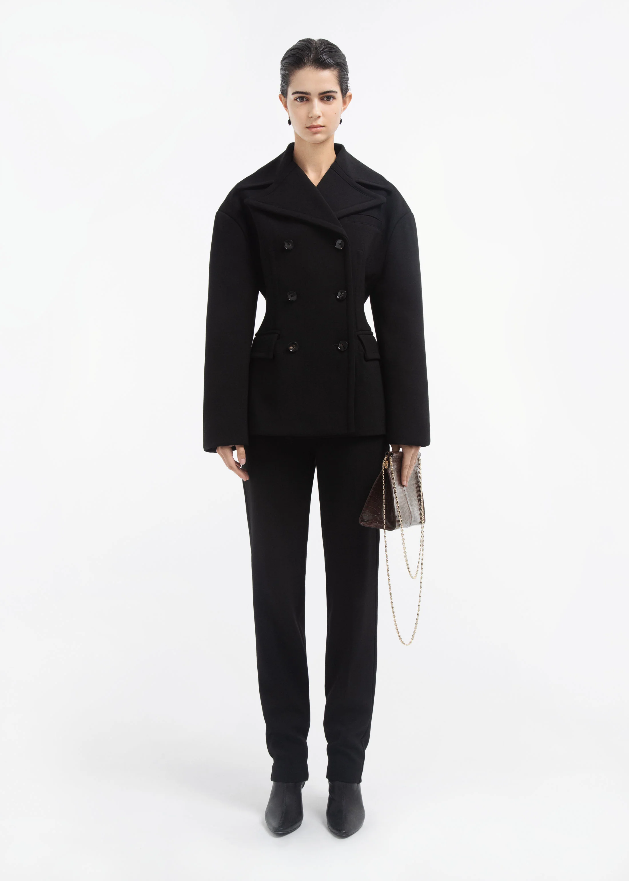 Oversized Double Breasted Peplum Jacket in Wool - Black - Image 5
