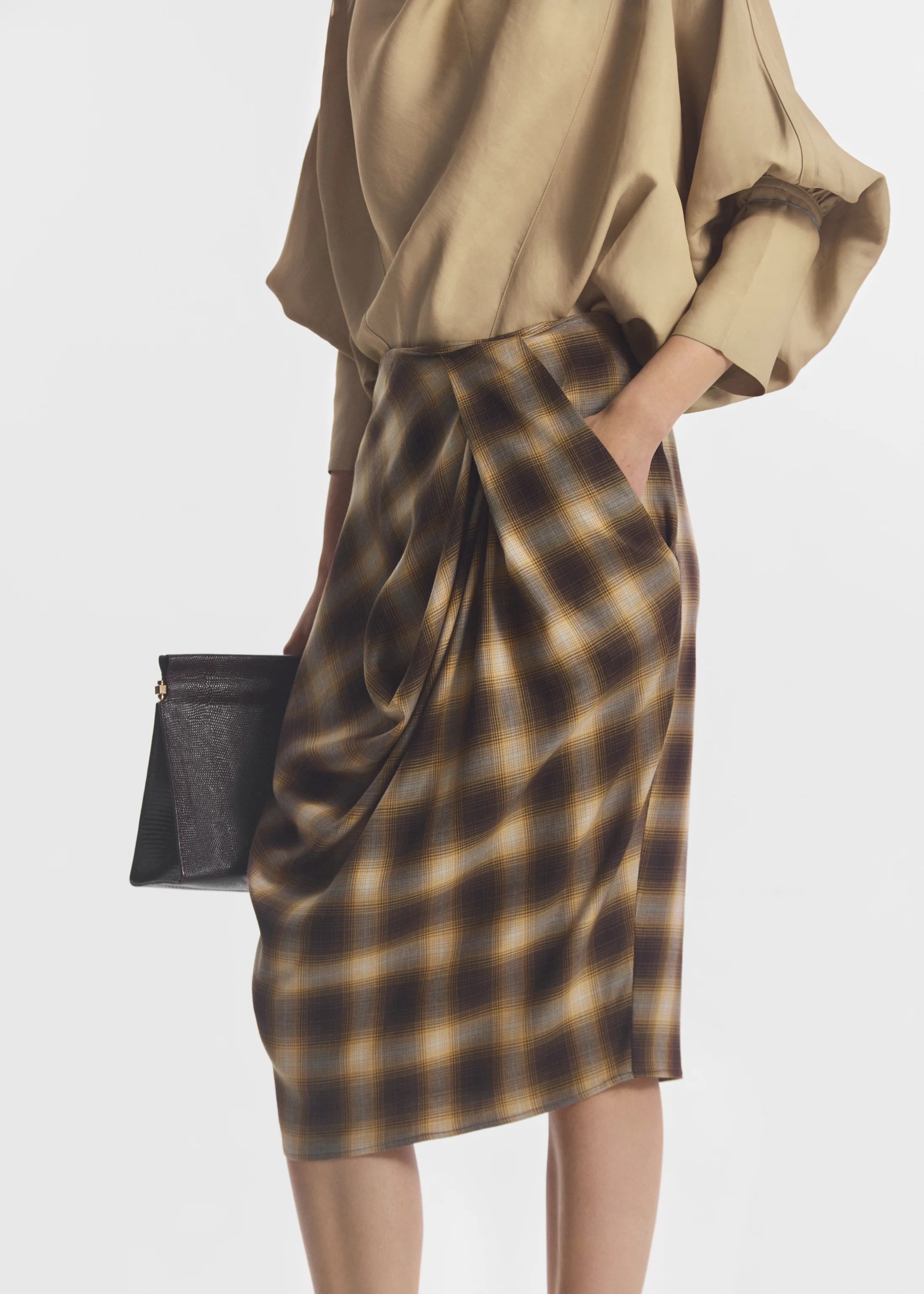 Draped Skirt in Tencel Plaid - Brown Multi - Image 2