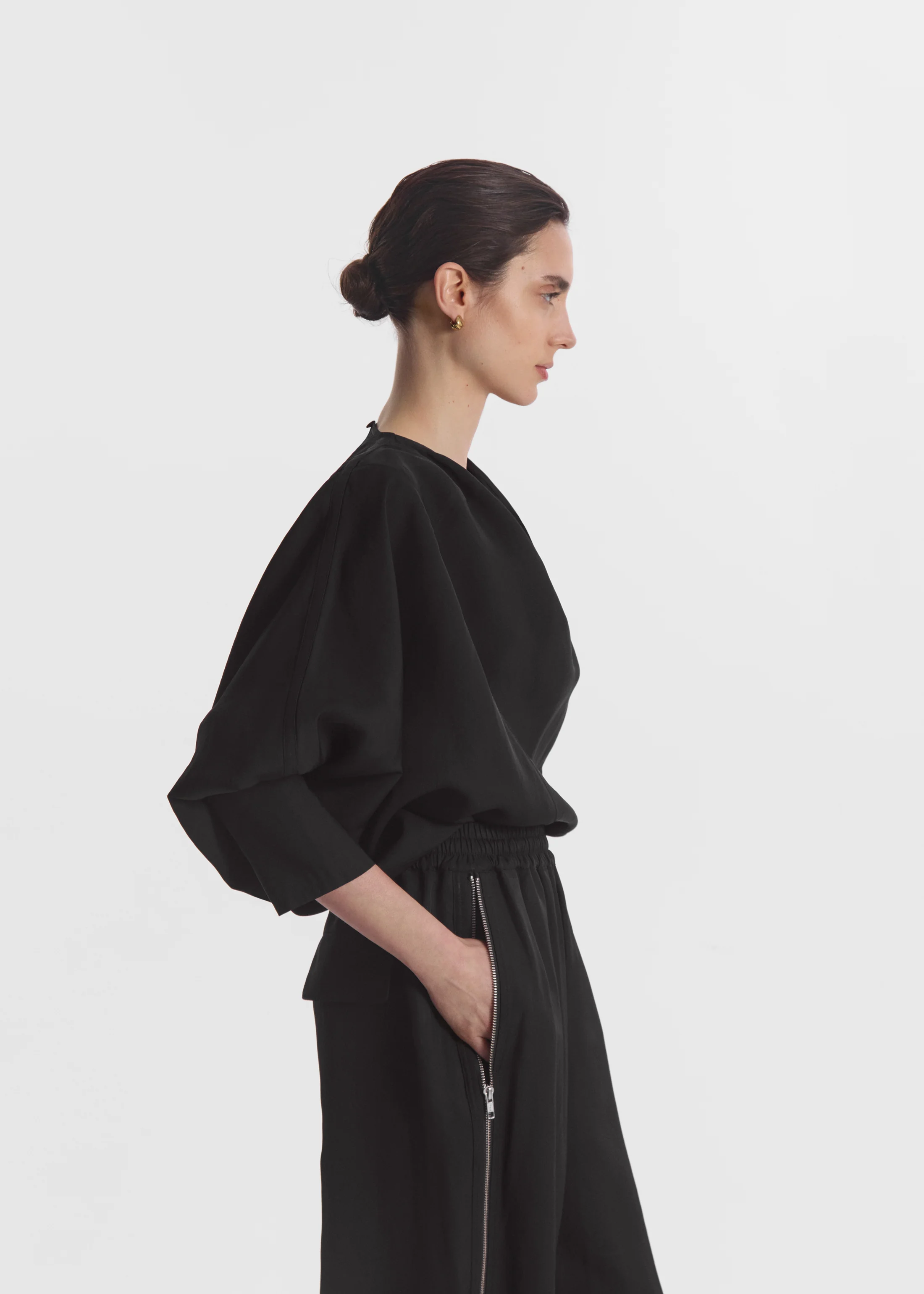 Draped Tunic Top in Viscose Silk - Black - Image 2