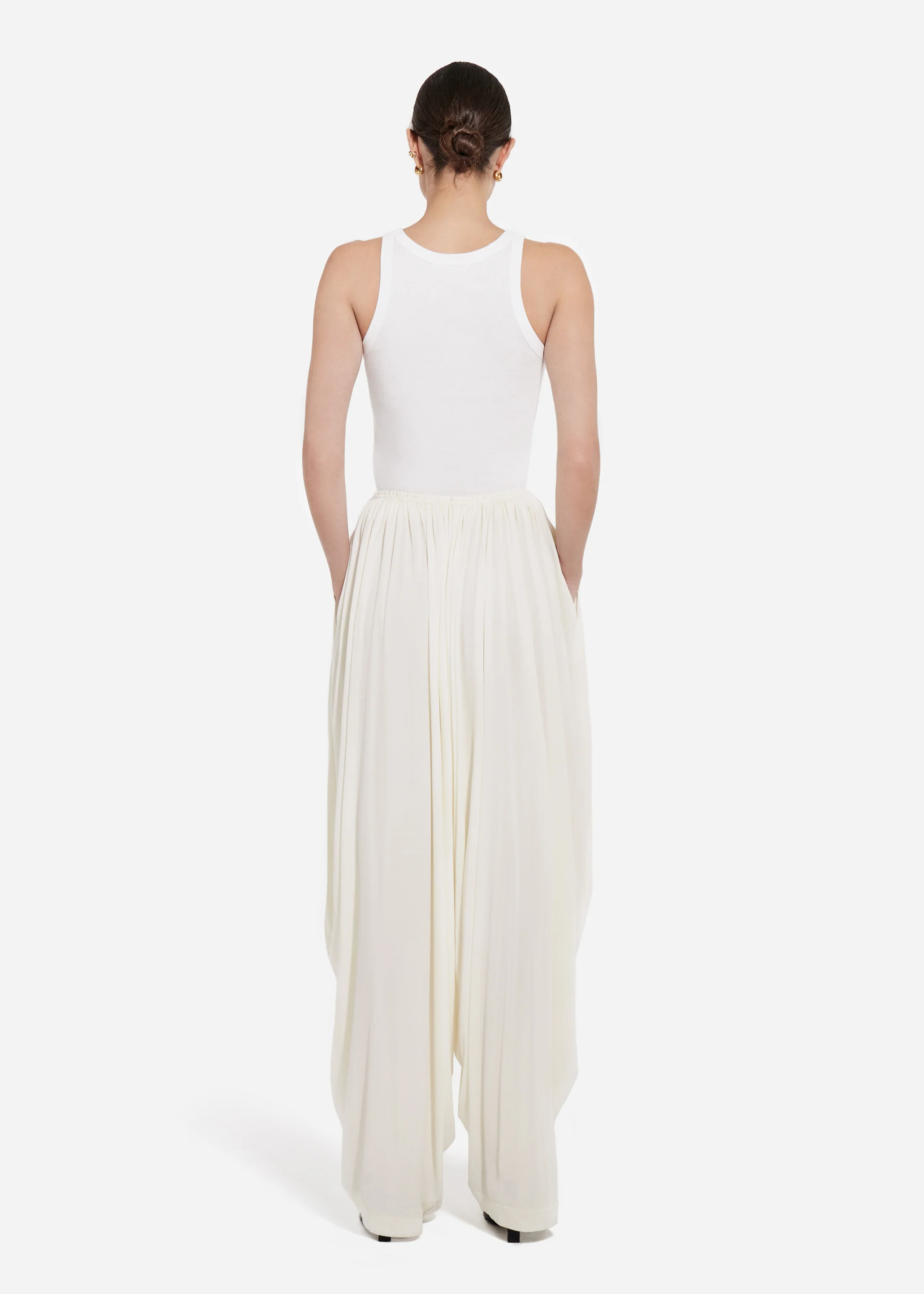 Elasticated Waist Gathered Pant in Viscose - Ivory - Image 3