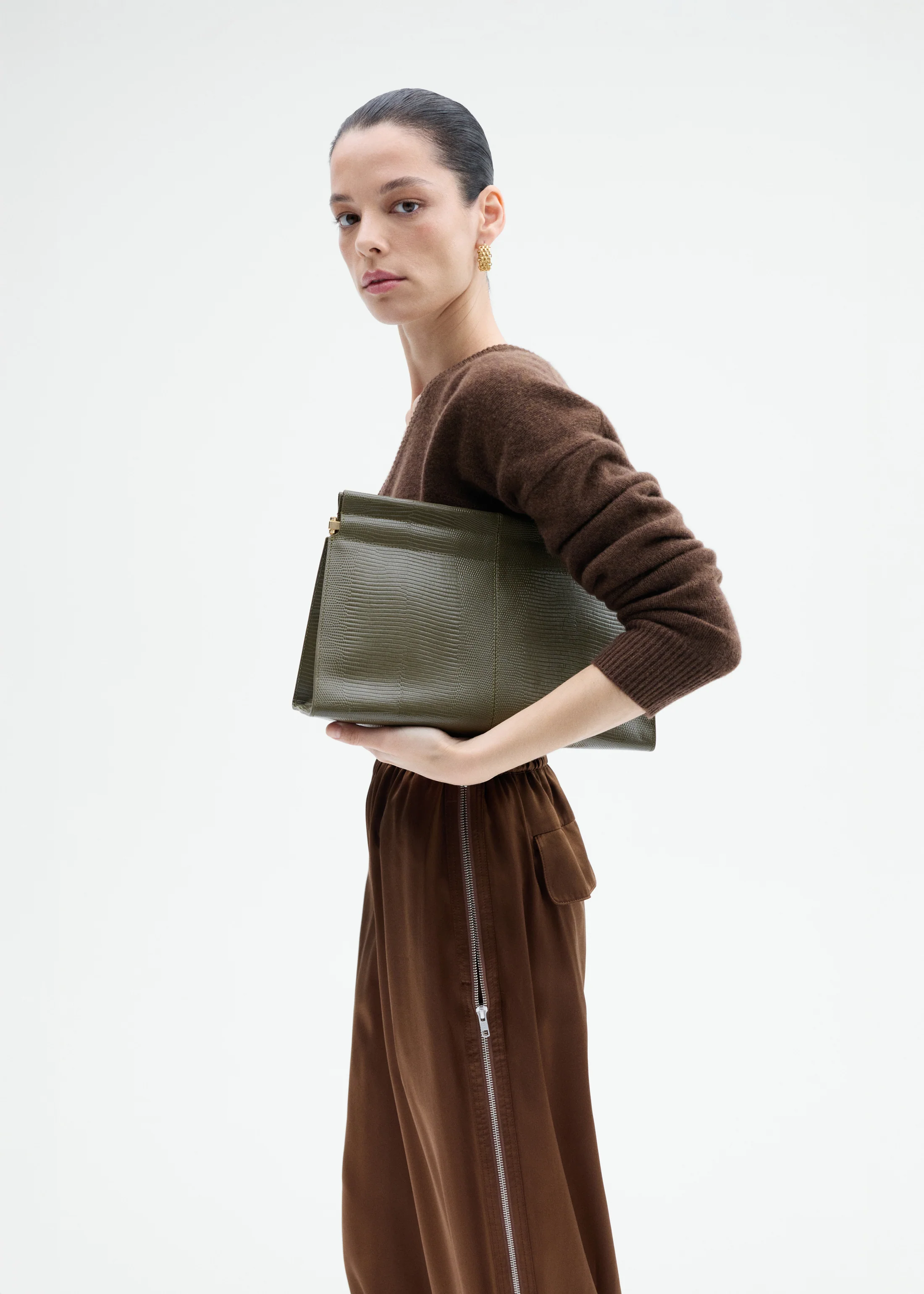 Large Leather Clutch - Olive - Image 4