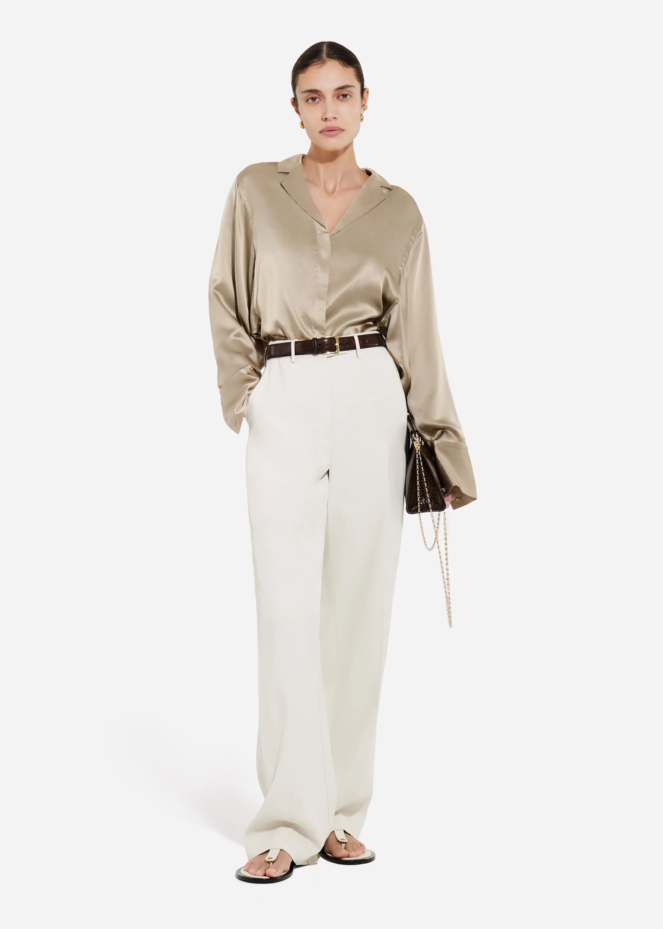 Relaxed Button Down Shirt in Silk Charmeuse - Sesame