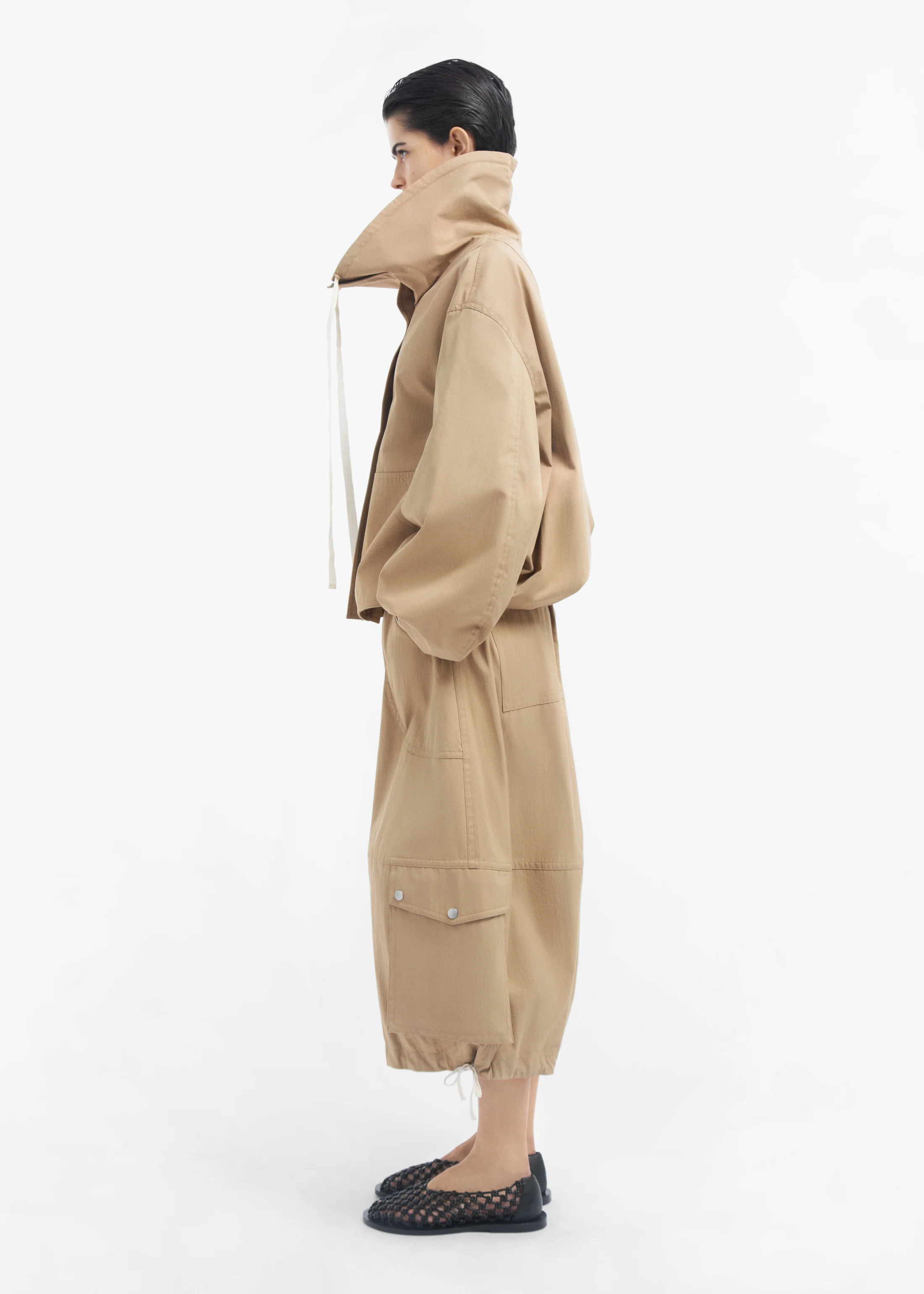 Rolled Collar Jacket in Cotton Twill - Camel - Image 5