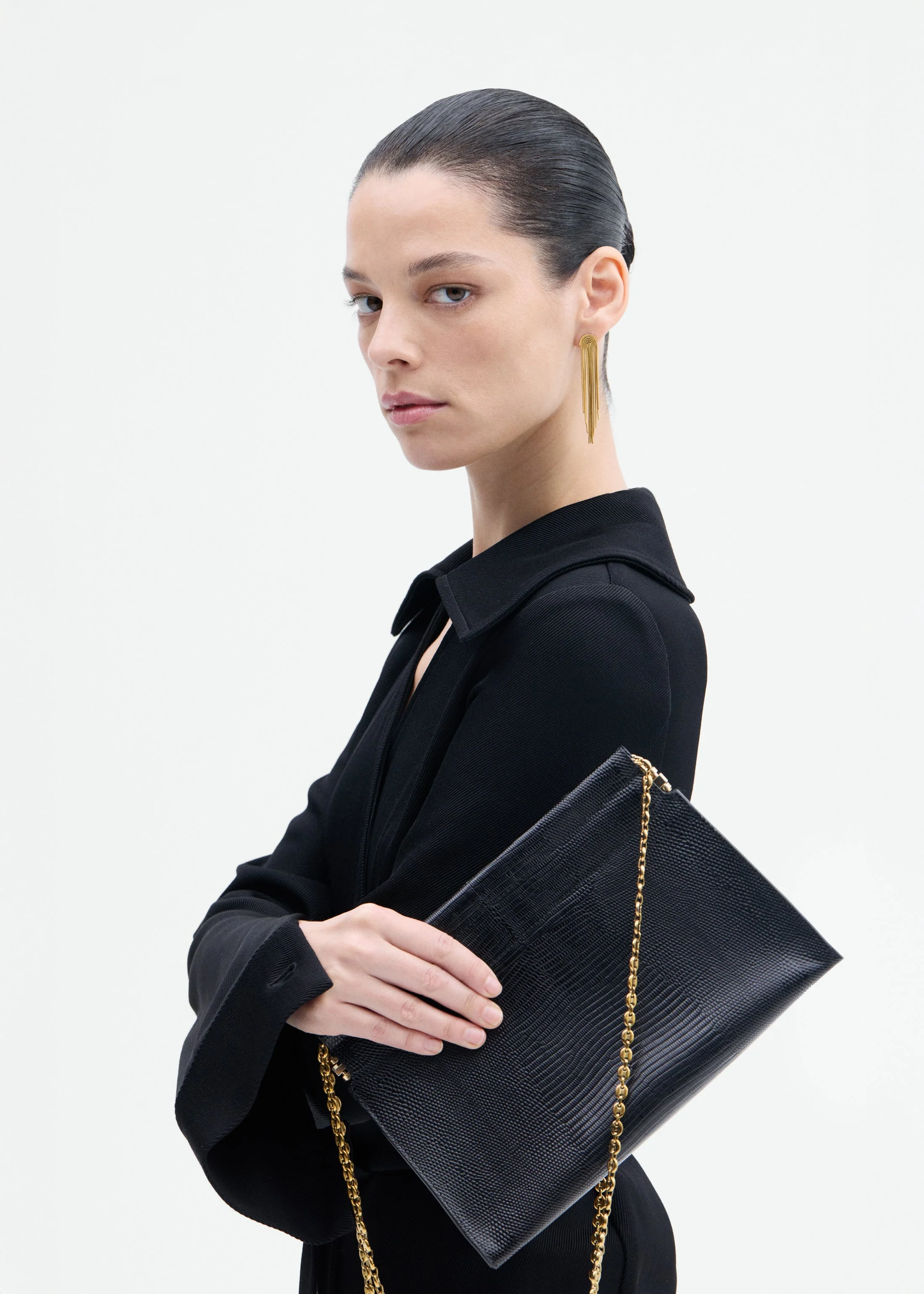 Small Leather Clutch with Chain - Black - Image 5