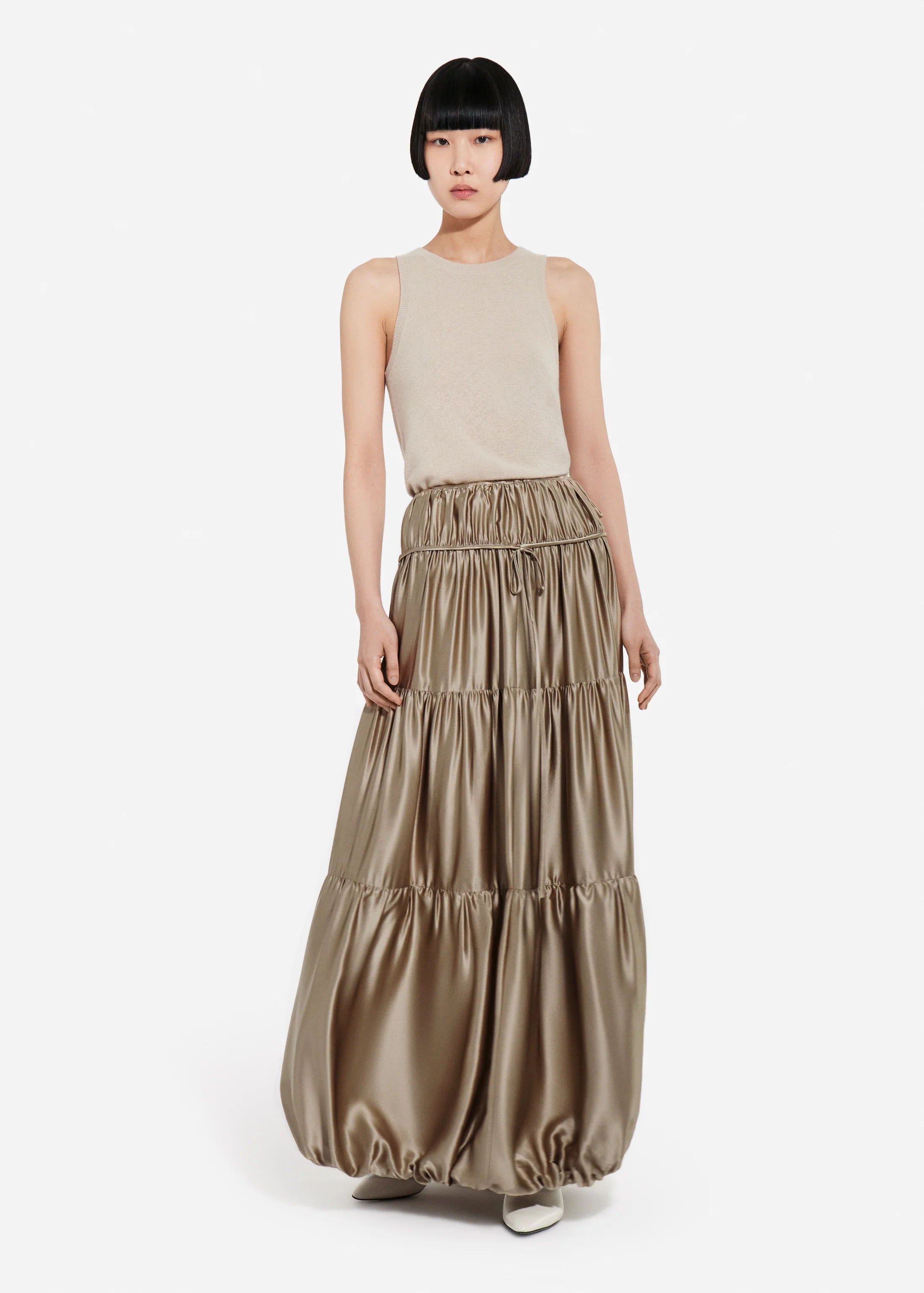 Soft Gathered Bubble Skirt in Silk Charmeuse - Sesame
