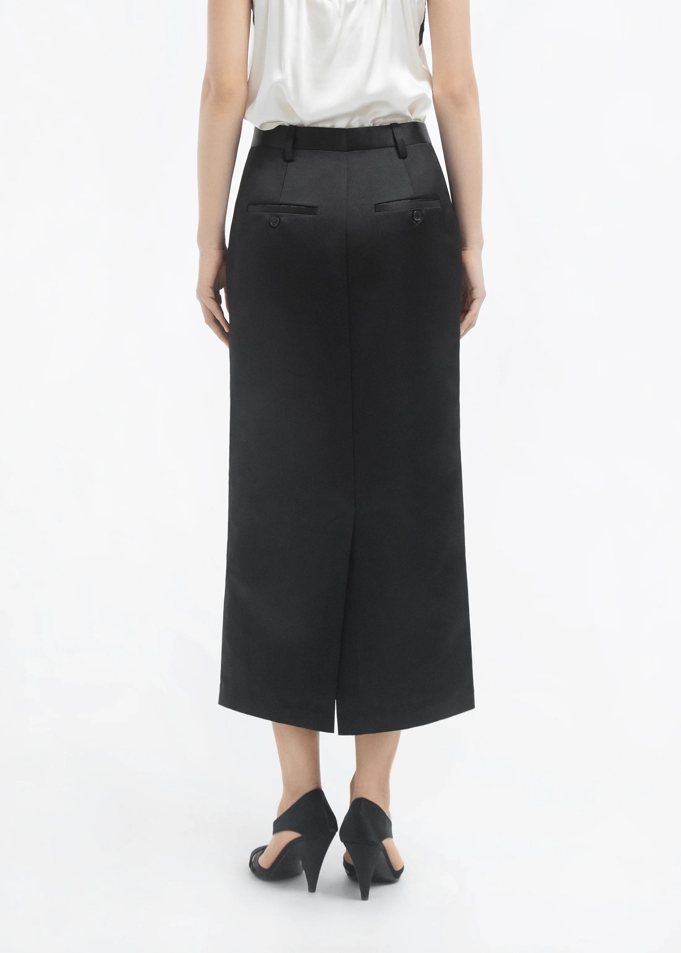 Tailored Pencil Skirt in Duchess Satin - Black - Image 2