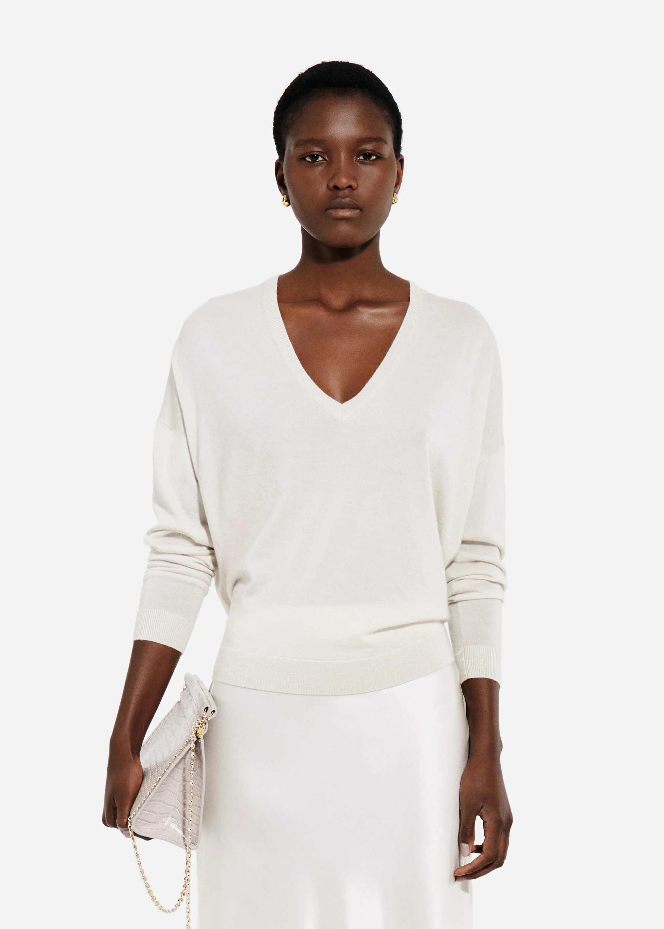 V-Neck Sweater in Fine Cashmere - Pearl